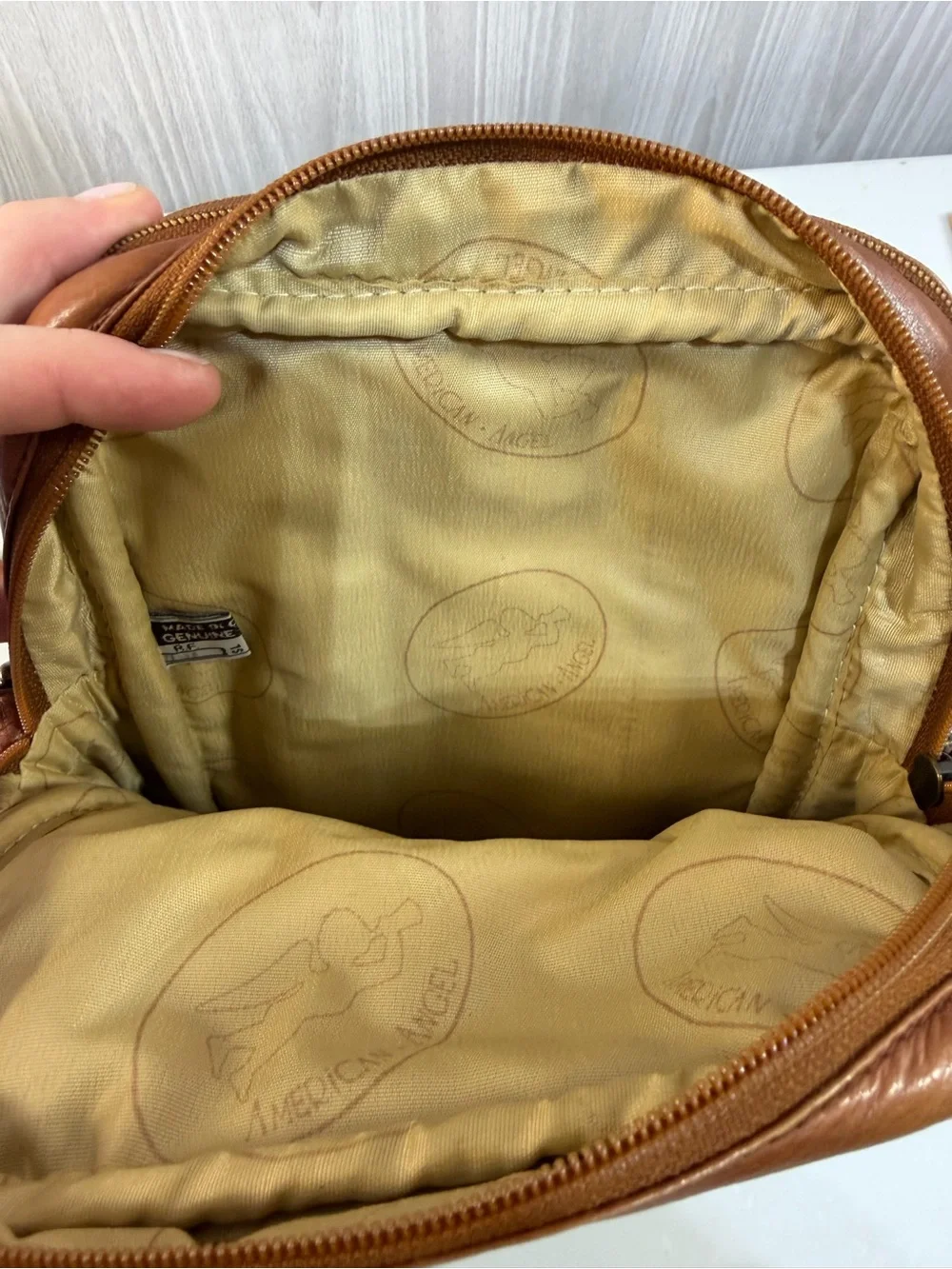 American Angel Leather Crossbody Bag Wallet Purse Cognac Tan Vintage Brass Zip